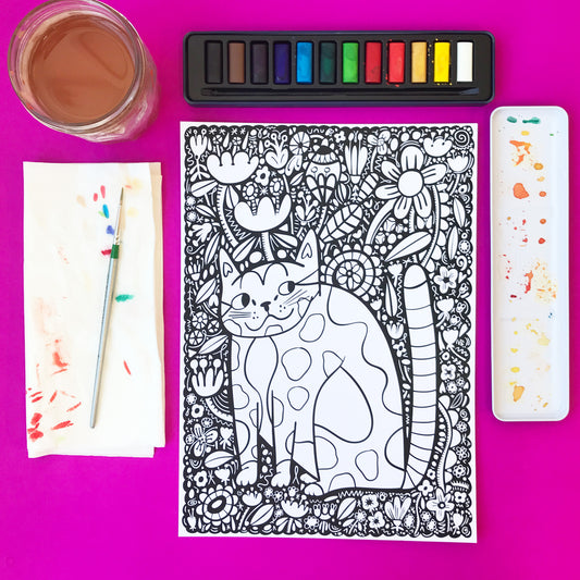 A4 Print - Cat And Flowers