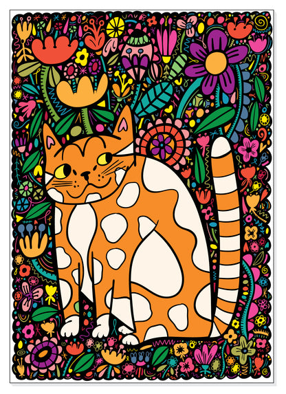 A4 Print - Cat And Flowers